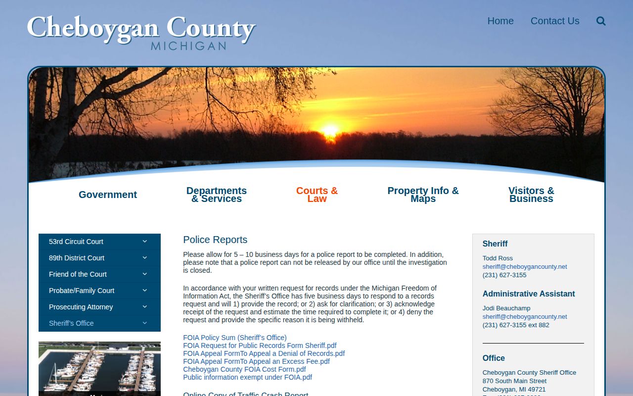 Cheboygan County Sheriff arrest and booking records request page