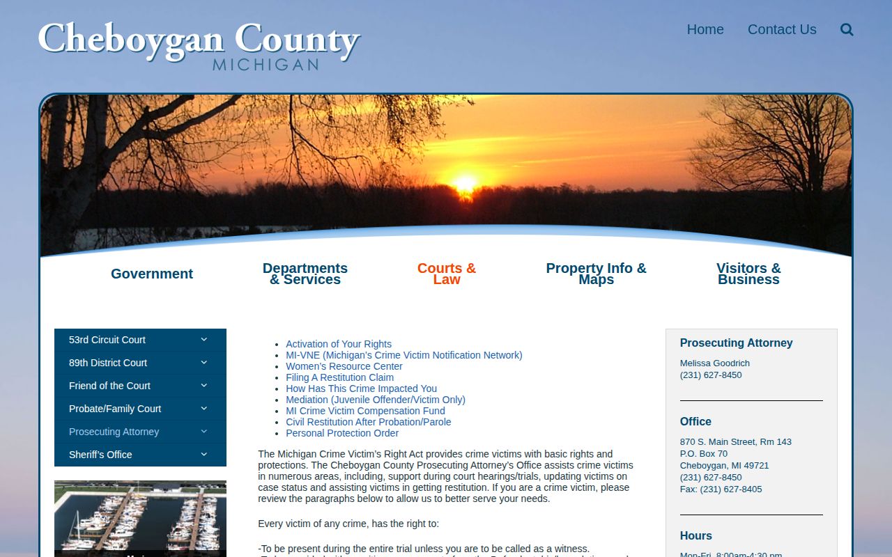 Cheboygan County Crime Victims Rights page with MI-VINE notification guidance