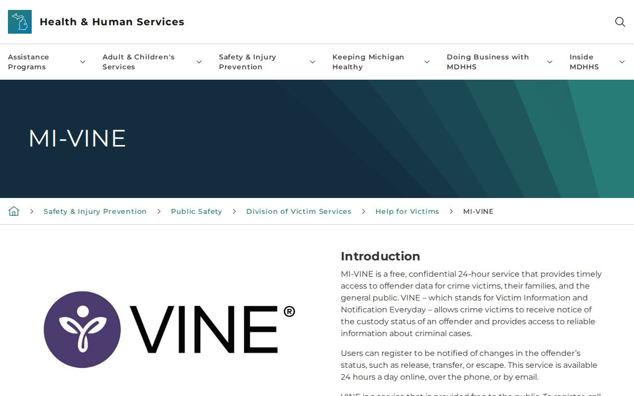 Michigan government MI-VINE information page explaining custody notifications